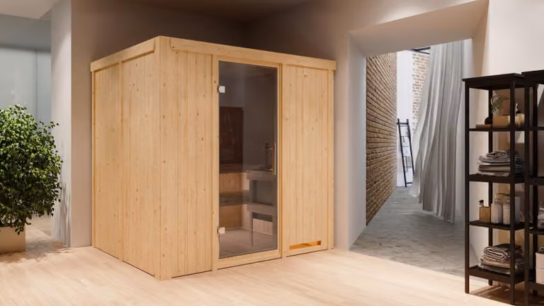 Sauna Sodin: senza cornice luminosa sul tetto: in legno naturale: stufa da 9 kW con centralina integrata: porta in vetro interamente in grafite. Colore: legno naturale. Cornice luminosa sul tetto: assente. Stufa per sauna: 9 kW, con centralina integrata.