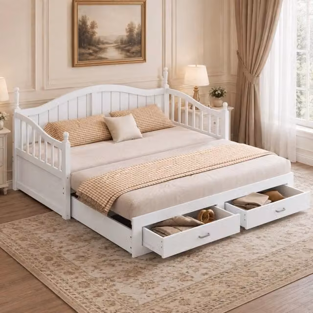 Divano letto estraibile in legno bianco 90x190/180x190 cm con cassetti