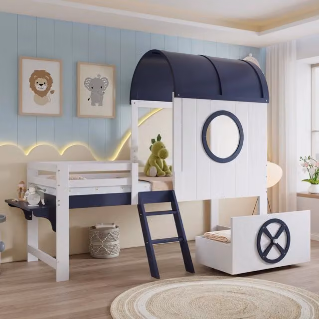 Letto a soppalco per bambini 90 × 200 cm con cassetto su ruote, scaletta e mensola, senza materasso, blu e bianco