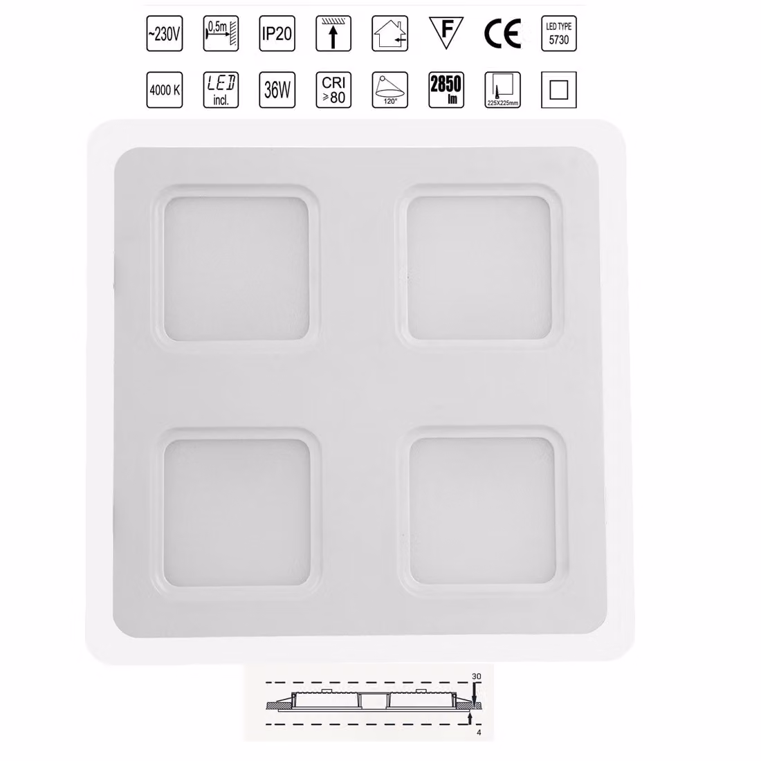 Plafoniera LED QUADRICA LED/36W, 4000K, bianco L: 240, L: 4, H: 240