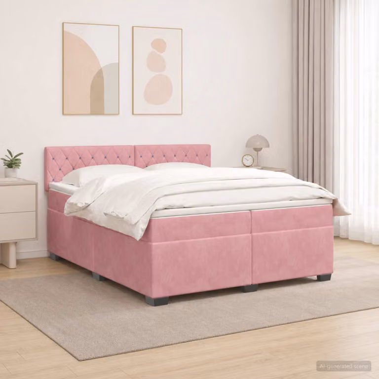 Letto con Box Spring vidaXL in Velluto Rosa con Materasso Ibrido, Illuminazione LED e Porta USB, L/P: 200 x 200 cm
