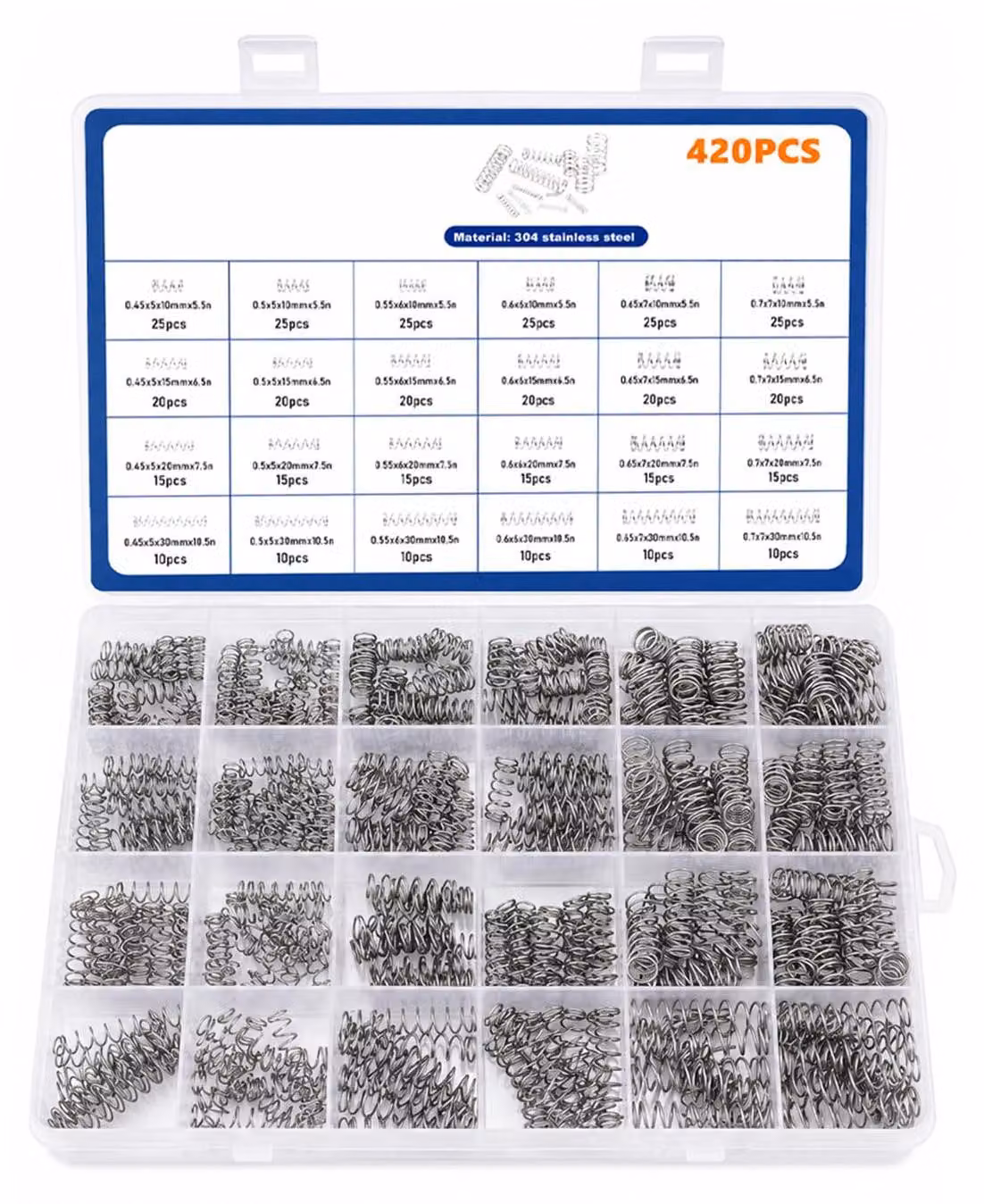 Set di molle a compressione, 420 pezzi, acciaio inossidabile 304, 24 diverse dimensioni