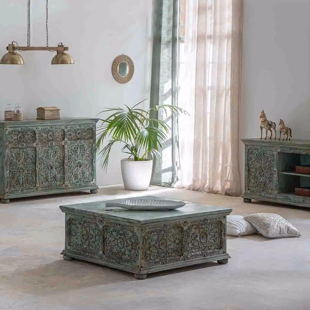 Tavolino quadrato in legno blu WANDERLUST DECO L: 100 cm, P: 100 cm, H: 47 cm – 2