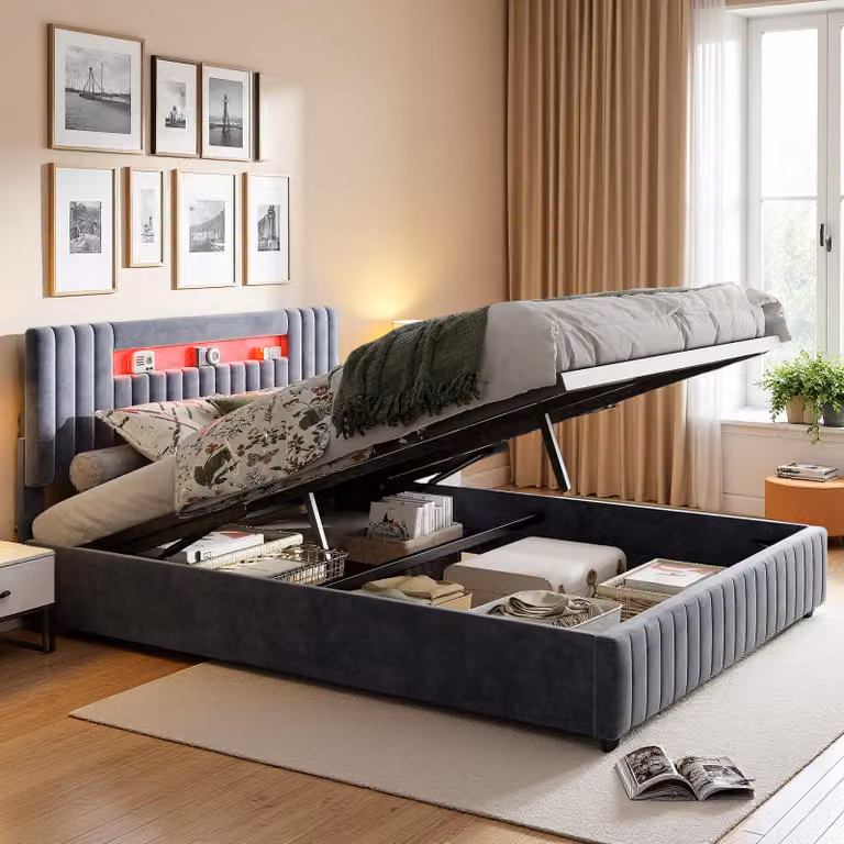 Letto imbottito Fortuna Lai, idraulico 140x200 cm, LED e rete, letto contenitore, velluto, grigio