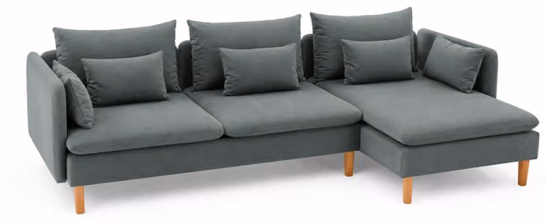Divano moderno a forma di L, grigio, imbottito, con funzione relax