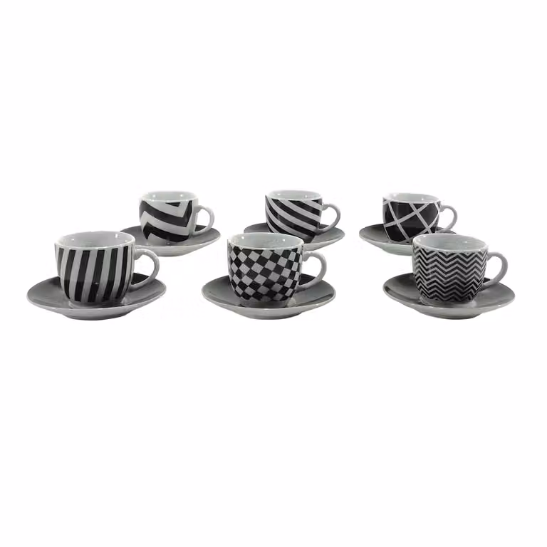 Servizio da caffè GUSTO CASA in porcellana con 6 tazzine e piattini, decoro floreale multicolore bianco e nero, lavabile in lavastoviglie e utilizzabile in microonde