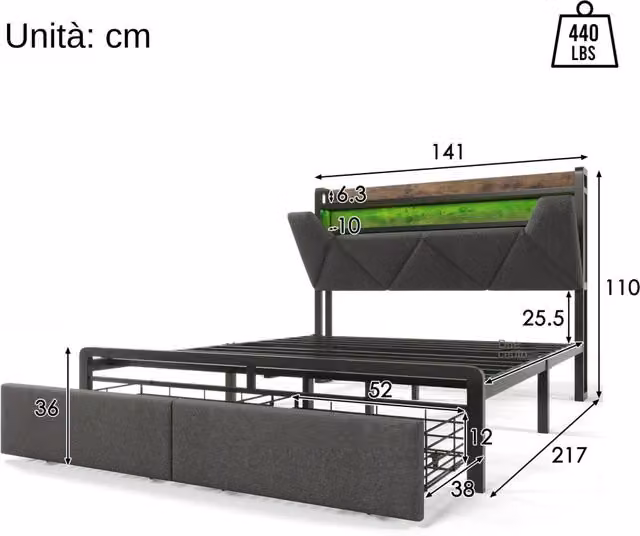 Letto matrimoniale imbottito 140x200 cm con LED; USB-C; testiera contenitore; 2 cassetti e rete; grigio