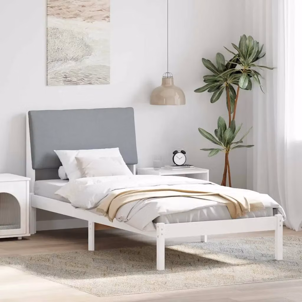 Letto singolo moderno con struttura in legno e pannello imbottito bianco e grigio L/P/H: 217 x 105,5 x 93,5 cm – 2