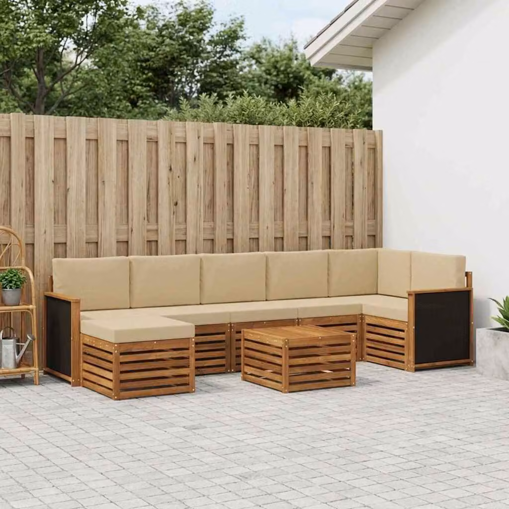 Set di divani da esterno vidaXL 7 pz in legno di acacia con cuscini beige e tavolo da giardino moderno