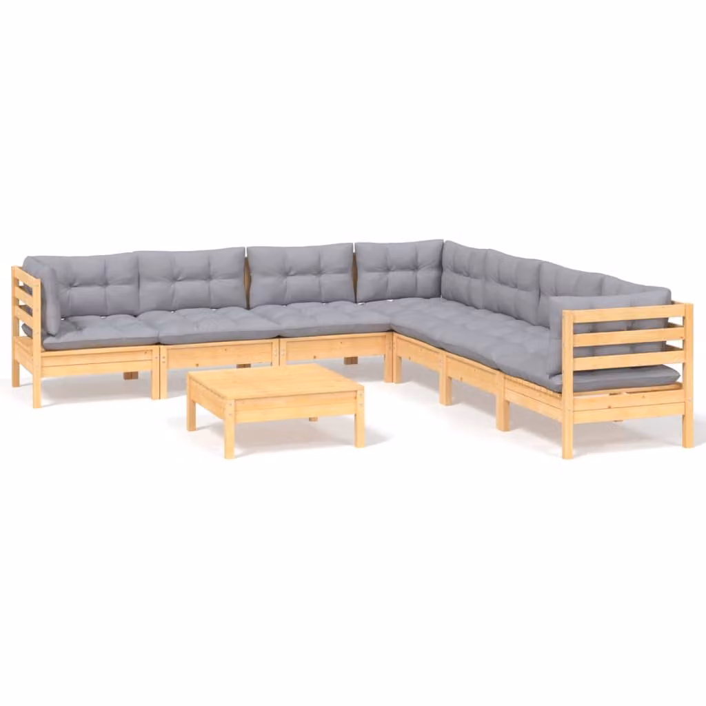 Set Divani da Giardino 8 pz con Cuscini Grigi Massello di Pino