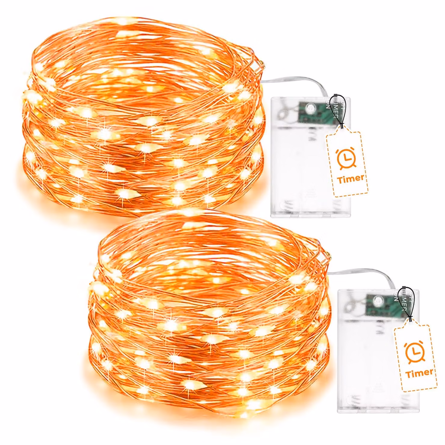 Set di 2 catene luminose a LED, lunghezza 5 metri, 50 LED arancioni, filo argentato