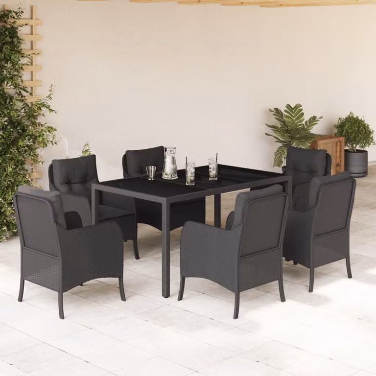 Set da Pranzo da Giardino vidaXL 7 pz in Polyrattan Nero con Piano in Vetro
