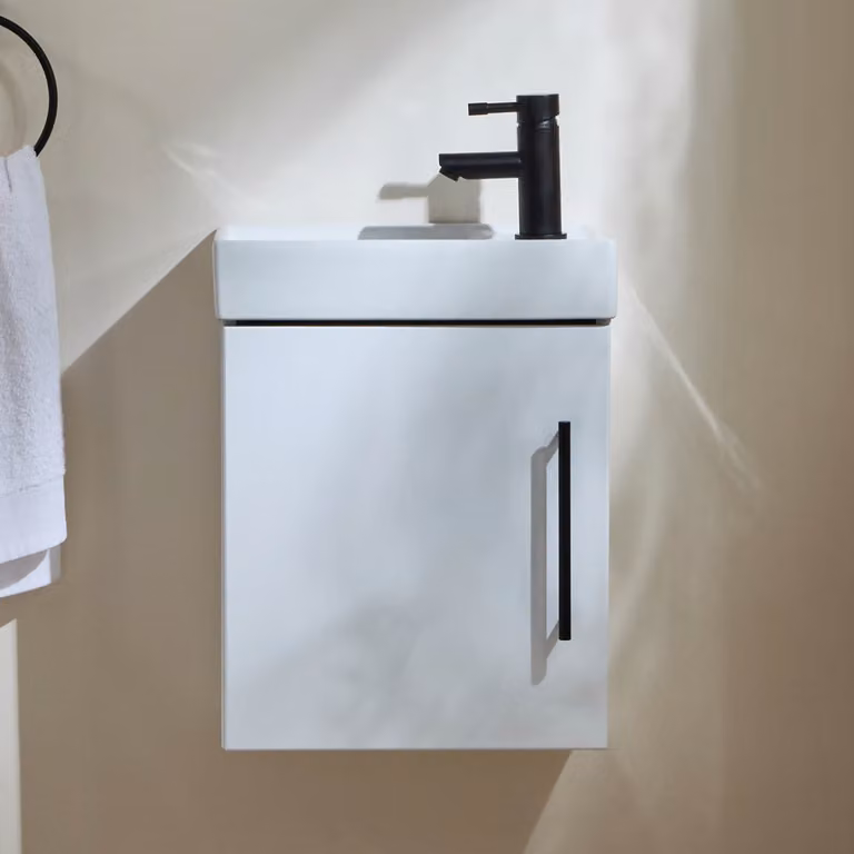 Mobile Bagno Bianco Sospeso da 400mm con Lavabo e Maniglia con Barra a T Nera - Cluo
