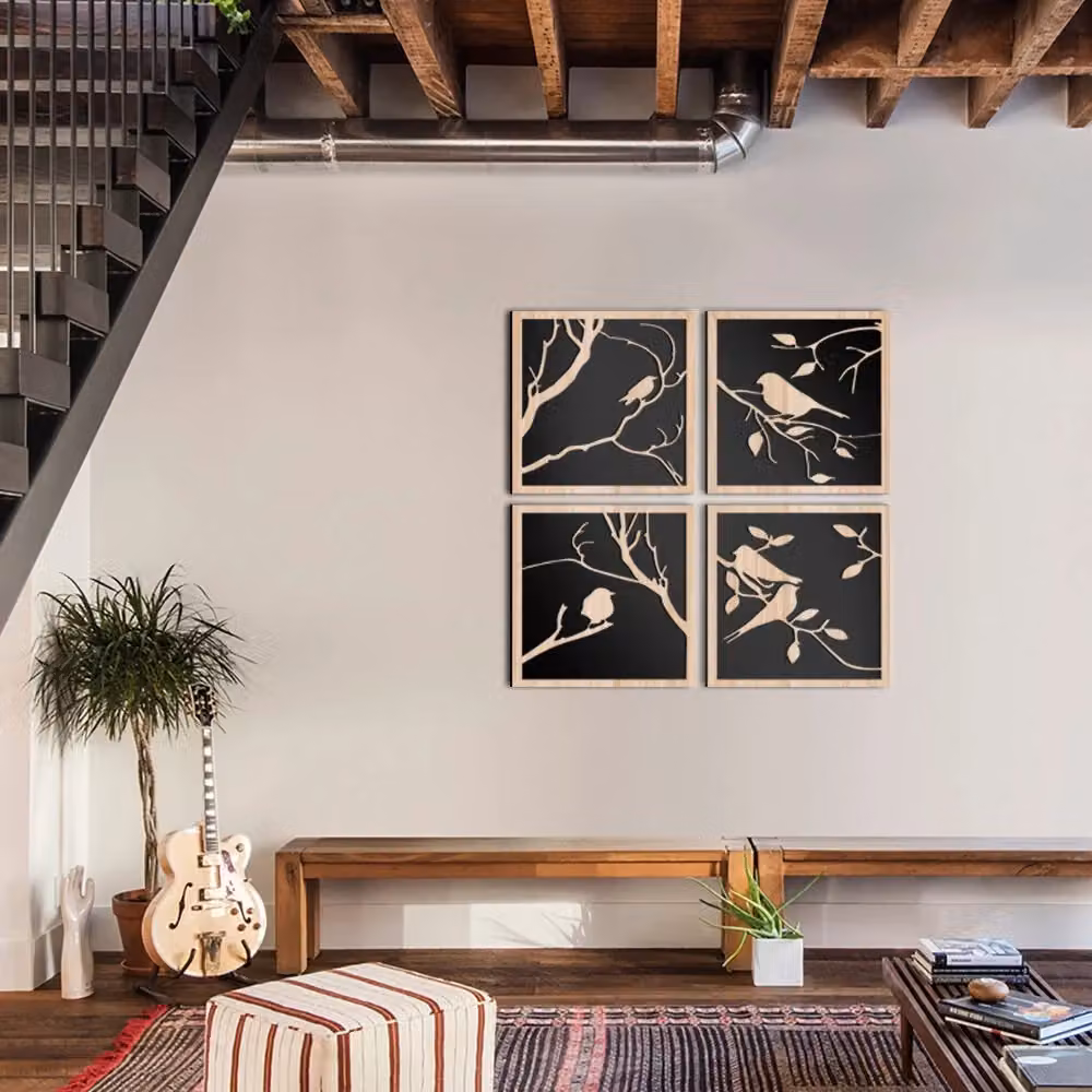 Quadro arredo RAMI Signorbit con design botanico lasercut in legno e PVC, disponibile in bianco o nero, L/P: 96 x 96 cm – 2