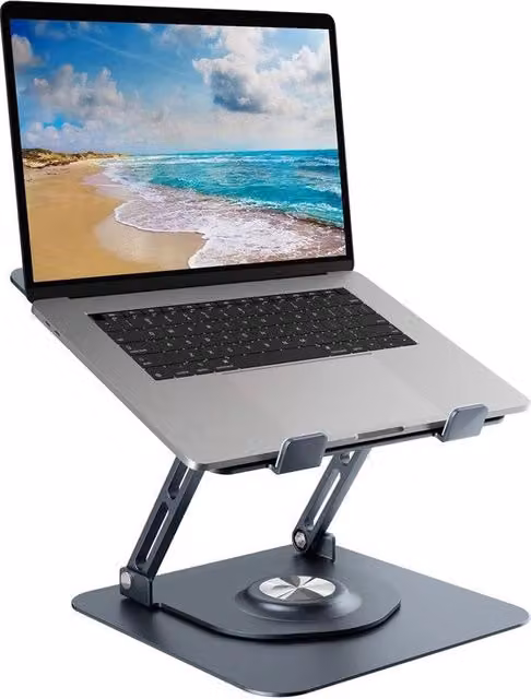 Stazione di lavoro ergonomica regolabile in altezza con base rotonda girevole a 360 gradi, supporto per laptop pieghevole ventilato in alluminio e acciaio, colore argento