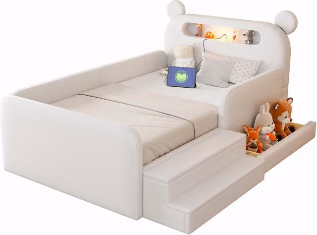 Letto per bambini 90x200 cm con testiera a orsetto; luce notturna USB e contenitore; bianco