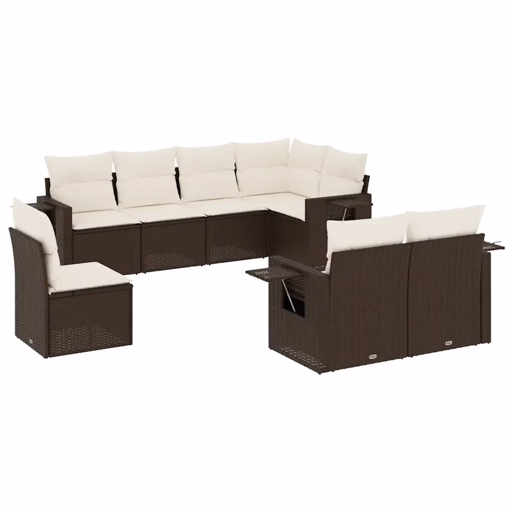 vidaXL Set Divani da Giardino a L 8 pz in Polyrattan Marrone e Bianco con Cuscini e Tavolino – 2
