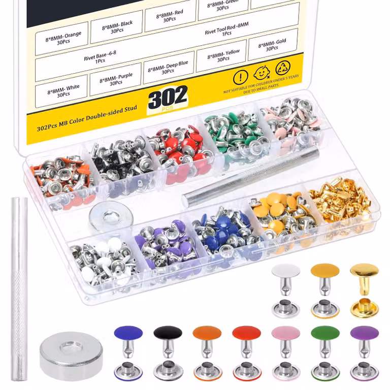 300 borchie in pelle, 8x8 mm, 10 colori, con set di strumenti