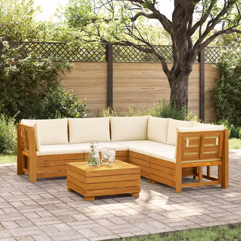 Set di 6 divani da esterno a L con tavolino vidaXL in legno di acacia marrone e cuscini beige resistenti alle intemperie