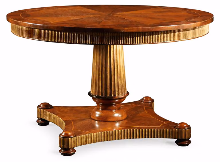 Tavolo da pranzo rotondo in stile neoclassico, colore marrone, tavolo in legno