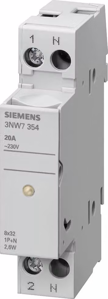 Siemens SENTRON, portafusibile cilindrico, 8x32 mm, 1P+N, In: 20 A, Un AC: 400 V, ... 3NW7354