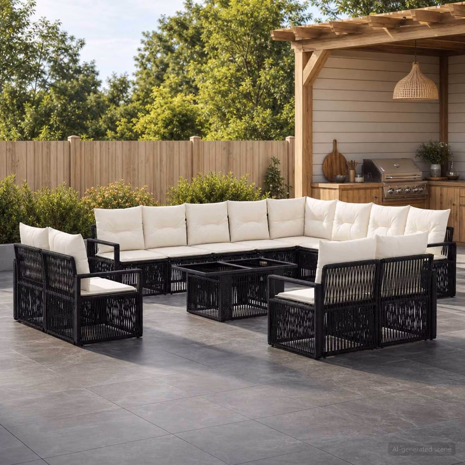Set Divano da Giardino Moderno vidaXL in Polyrattan, 13 Pezzi, Nero e Bianco Crema