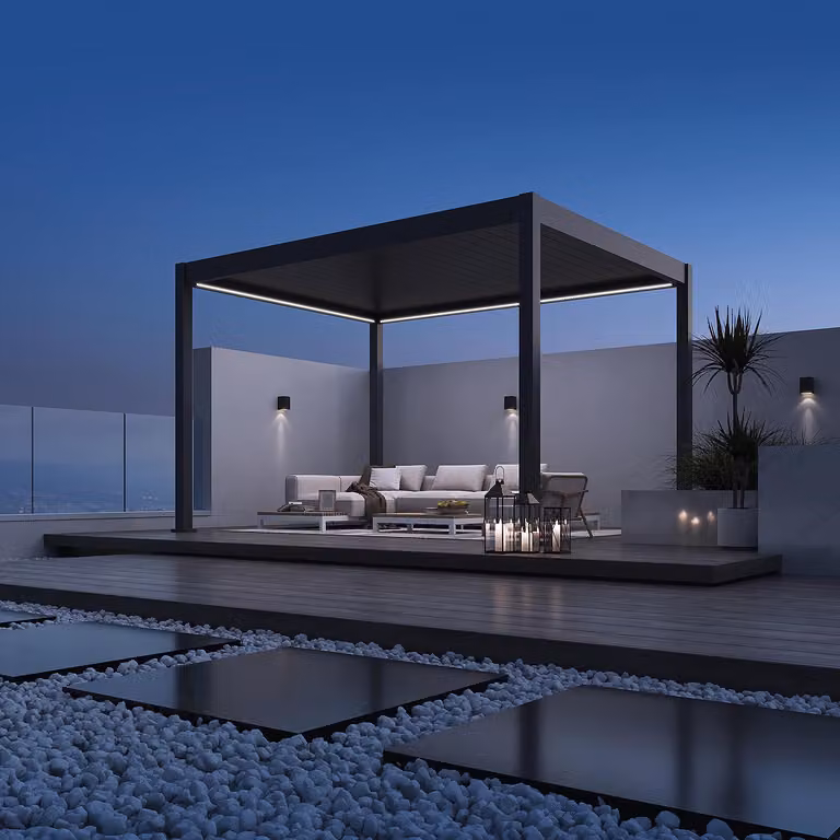 Pergola elettrica Weide E-Deluxe interamente in alluminio, 3,6x4 m, con tetto a lamelle color antracite