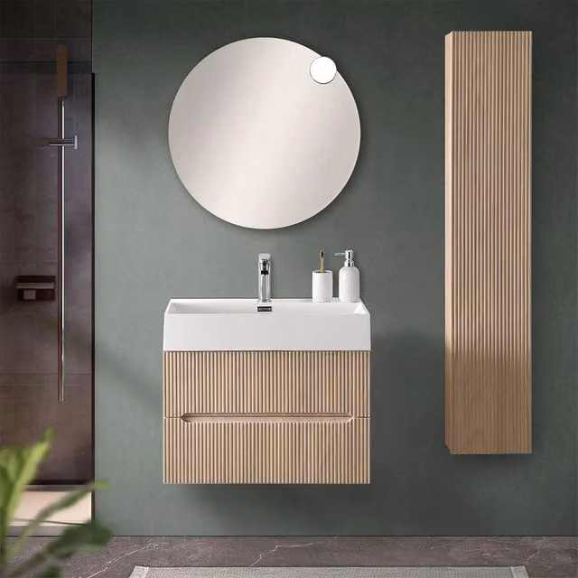 Mobile bagno sospeso Bali rovere chiaro e bianco con ante cannettate e cassetto soft close L: 70 cm