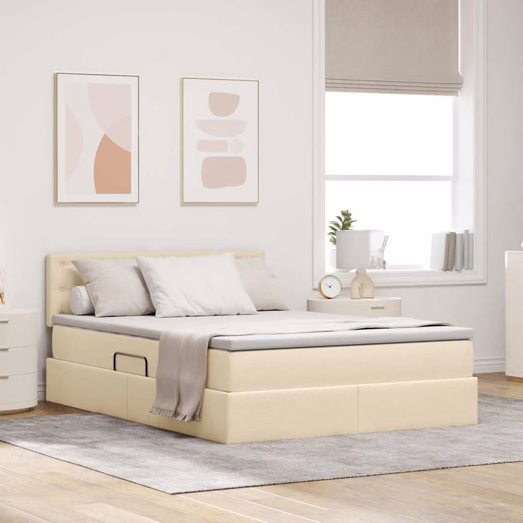 Letto con contenitore e materasso a molle con illuminazione LED vidaXL, colore beige, L/P/H: 140 x 200 x 76 cm