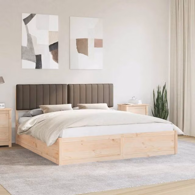 Letto moderno vidaXL in pino massello con testiera rivestita in tessuto beige e marrone L/P: 180 x 200 cm