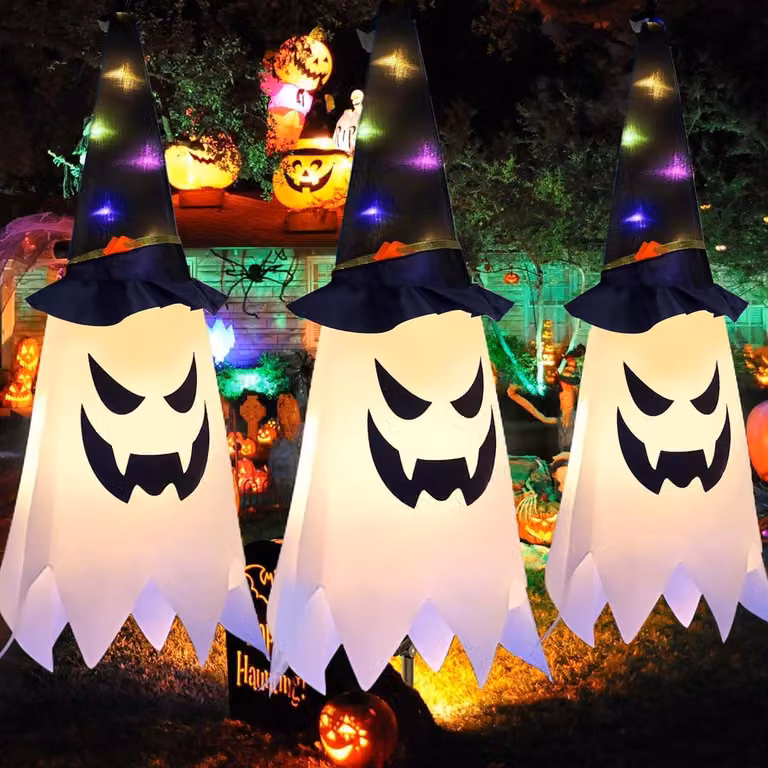 Set di 3 decorazioni per Halloween, cappelli da strega luminosi, da appendere, alimentati a batteria