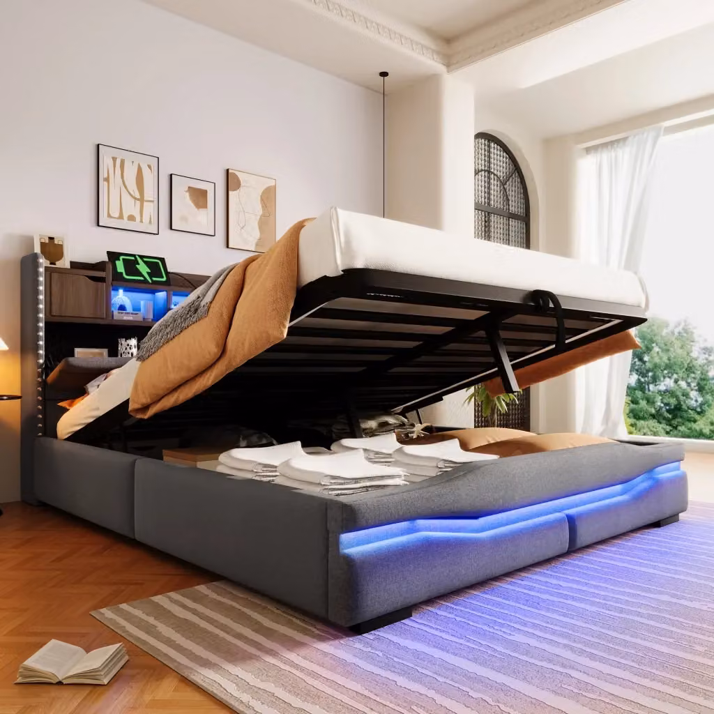Letto Contenitore REDOM Grigio in tessuto e MDF con luci LED e porta USB, L/P: 160 x 200 cm – 2