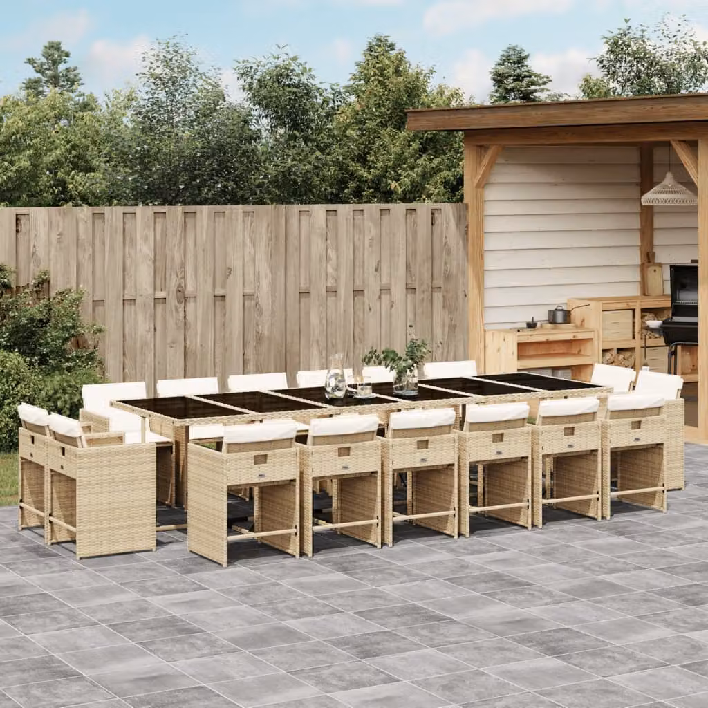 Set da pranzo da giardino vidaXL in polyrattan da 17 pezzi con cuscini beige e piano in vetro – 1