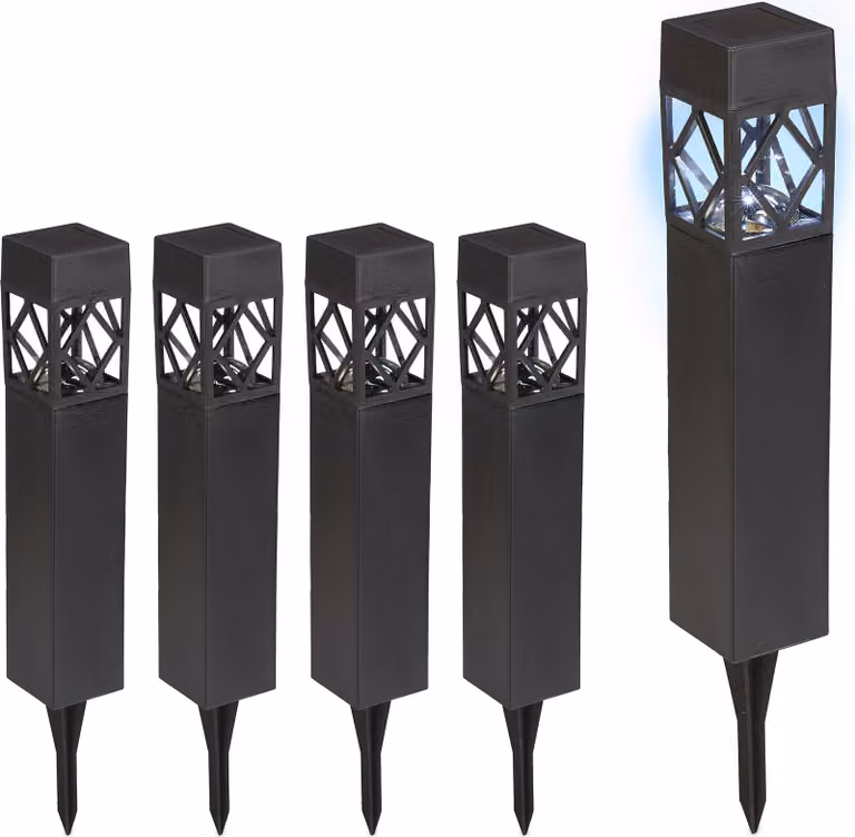 Set di 5 lampade solari Relaxdays, luce bianca fredda, impermeabili, sensore crepuscolare, lampada solare a LED, A x L x P: 41 x 6 x 6 cm, nero