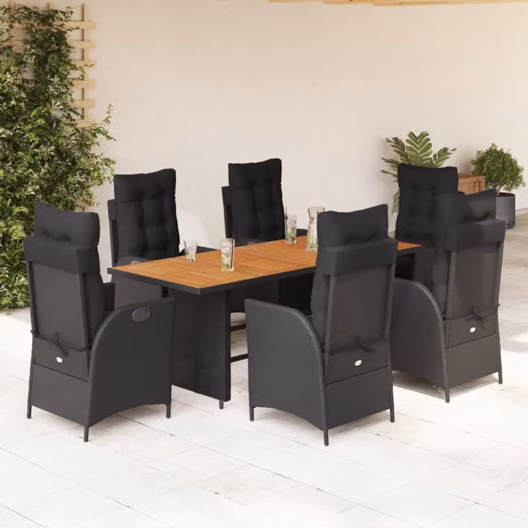 Set da Pranzo da Giardino vidaXL 7 pz in Polyrattan e Legno di Acacia Nero con Cuscini