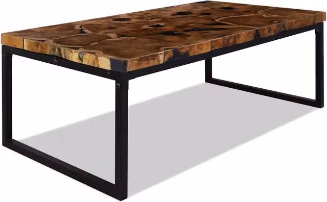 Tavolino da salotto rettangolare vidaXL in legno di teak oliato e metallo, stile rustico, marrone e nero, L/P/H: 110 x 60 x 40 cm