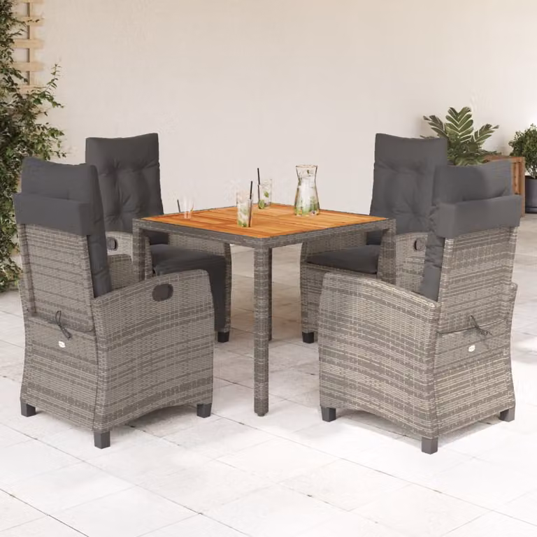 Set da pranzo da giardino vidaXL in polyrattan e legno di acacia con 5 pezzi e cuscini, colore grigio