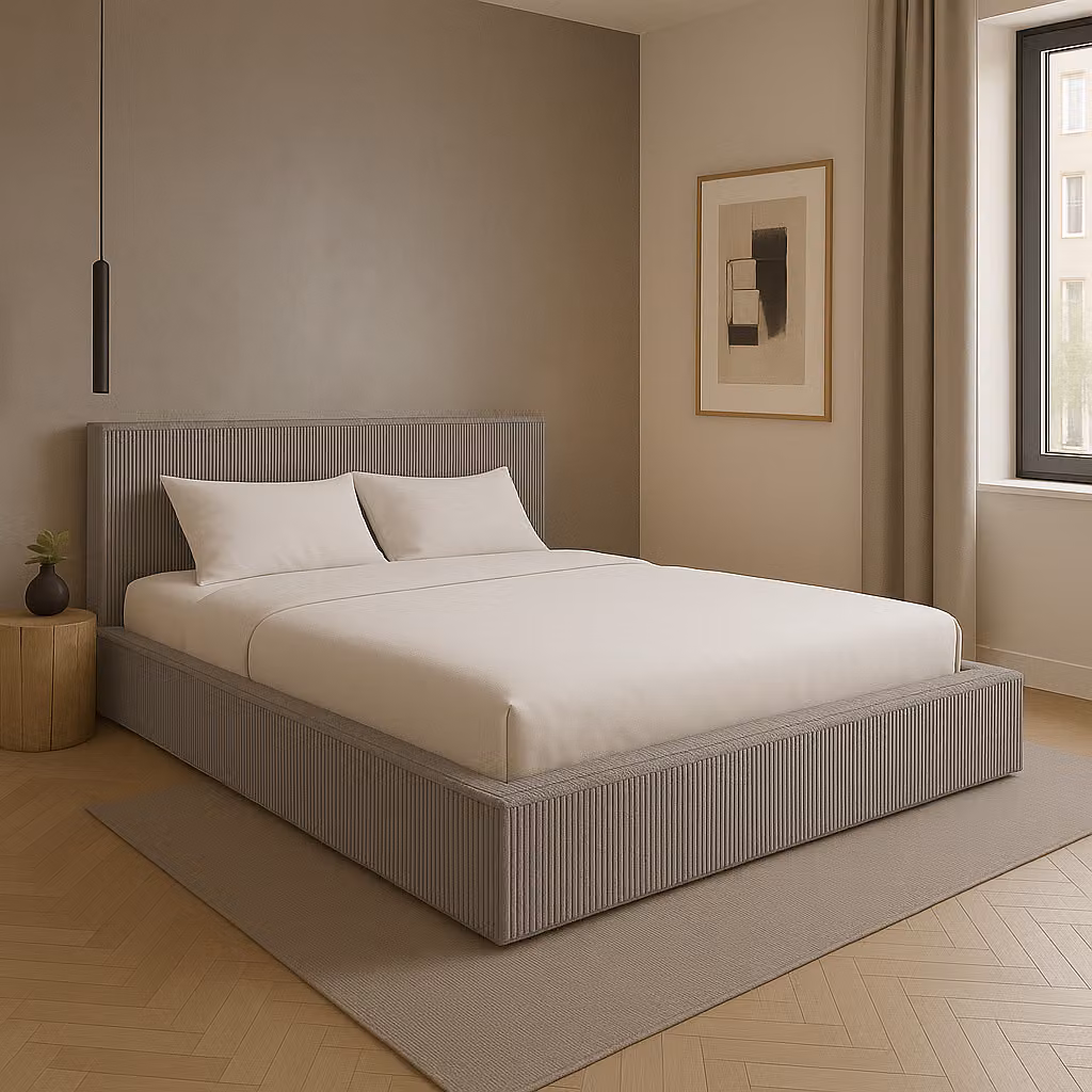 Letto imbottito GUTTO FILO beige 160x200 in tessuto a cordoncini con rete a doghe in metallo. Design moderno in colori di tendenza, con vano contenitore