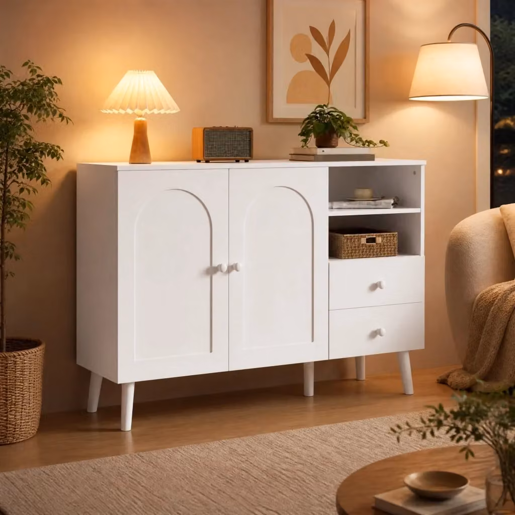Sideboard moderno MODFU bianco con ante curve, 2 cassetti e vani aperti, L/P/H: 118 x 35 x 82 cm – 2