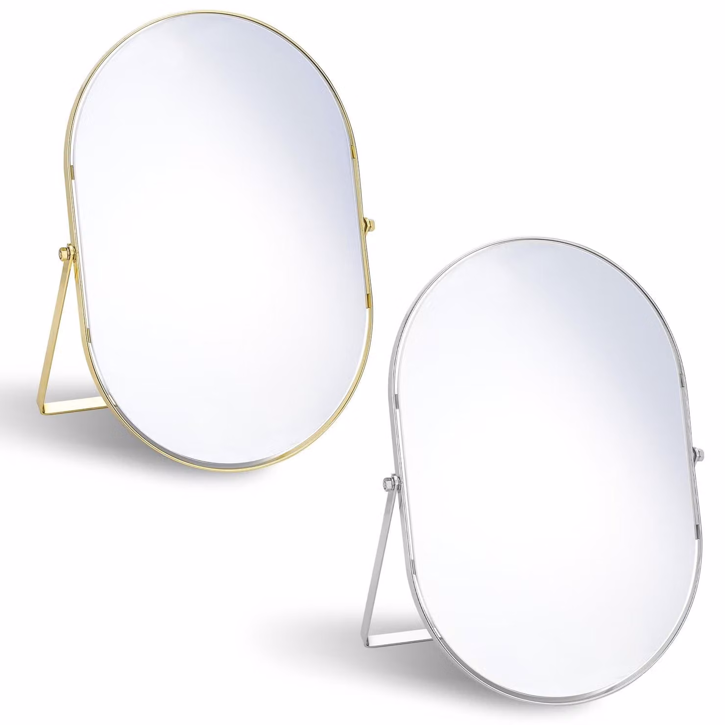 Set di 2 specchi ovali da trucco con supporto - Modello da tavolo, finitura oro/argento