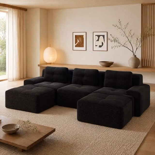 Divano modulare in velluto a coste nero 293 x 177 x 69 cm senza montaggio