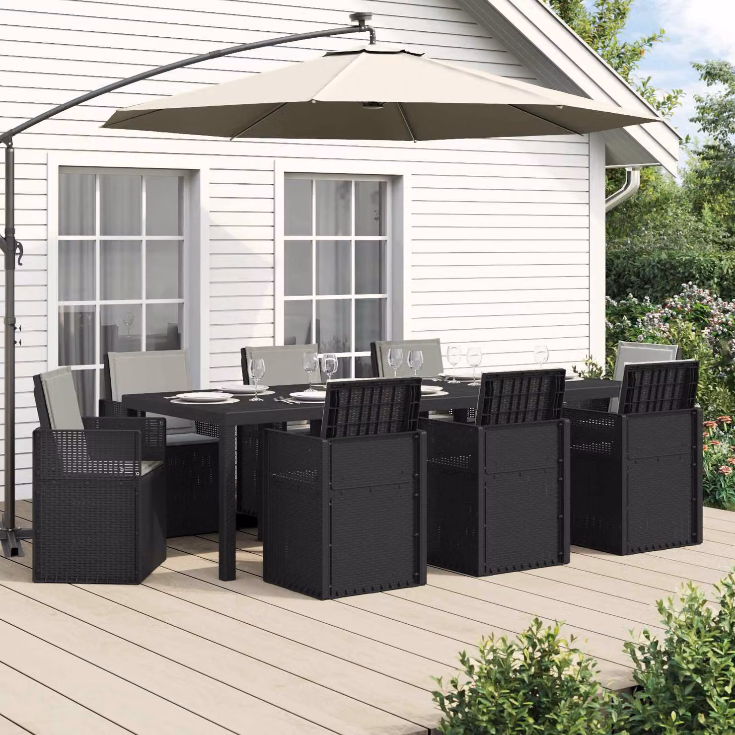 Set da pranzo per giardino e terrazza vidaXL in plastica da 9 pezzi, colore antracite e grigio matt
