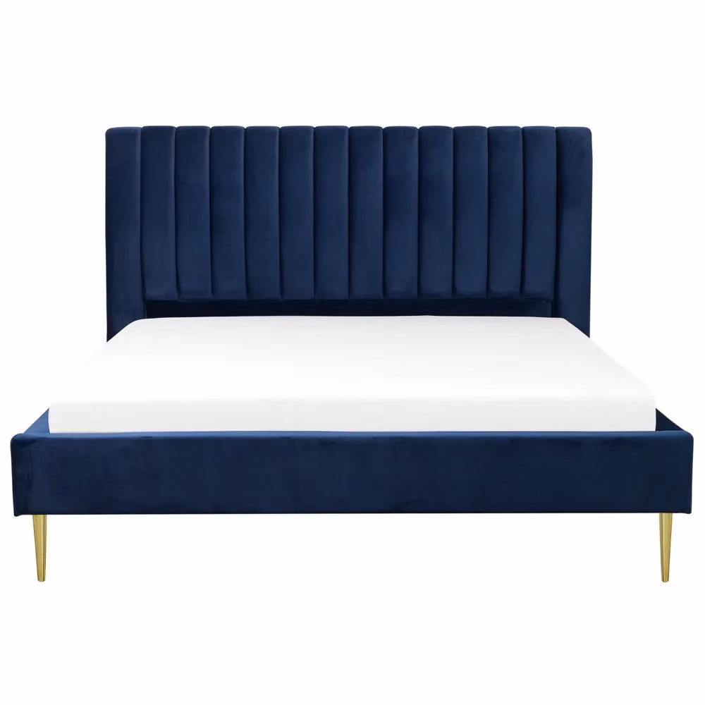 Letto imbottito Beliani in velluto blu scuro e oro con testata alta e rete a doghe L/P/H: 180 x 200 x 124 cm – 2