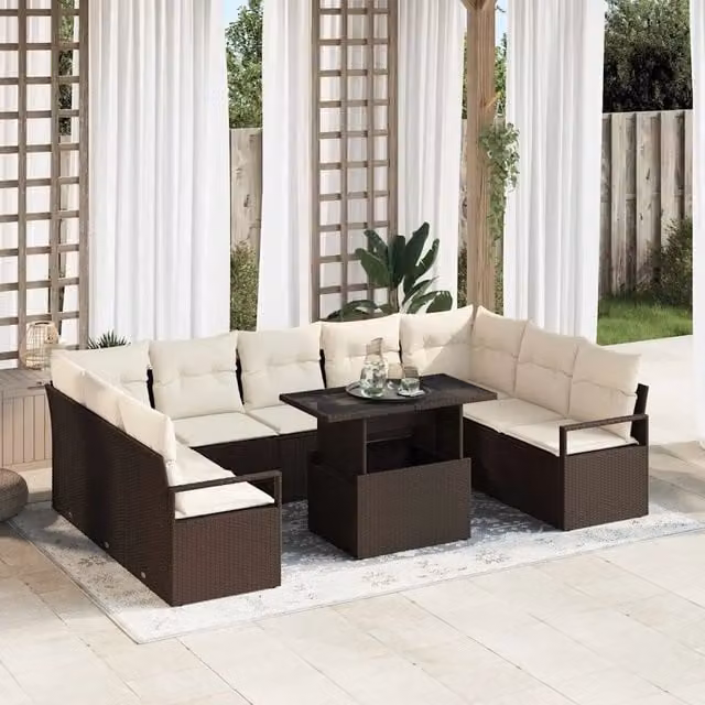 Set Divano da Giardino 10 pz 9-Numero di posti Marrone e Crema 3348884