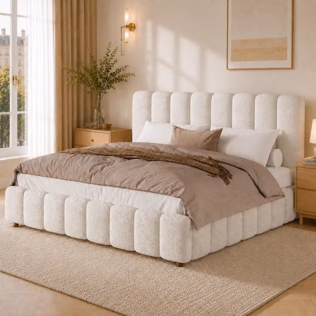 letto imbottito bouclé bianco 176 x 218 cm