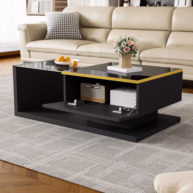 okwish Tavolino moderno da caffè lucido con piano in vetro, tavolini da 90 cm con illuminazione LED a 16 colori, spazioso, nero