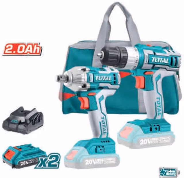Set Trapano Avvitatore e Avvitatore a Massa Battente 1/2 pollici Total con 2 Batterie al Litio da 20V e Accessori Multicolore
