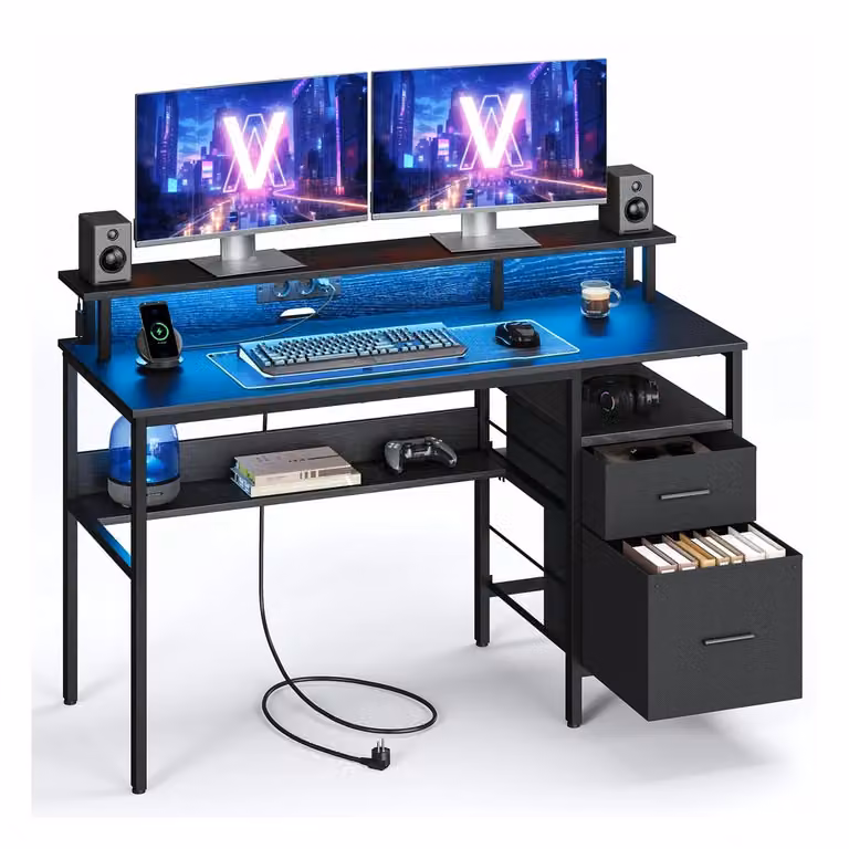 Scrivania per Computer con Luci a LED e Prese di Corrente Integrate, Nero Ebano / 135l cm