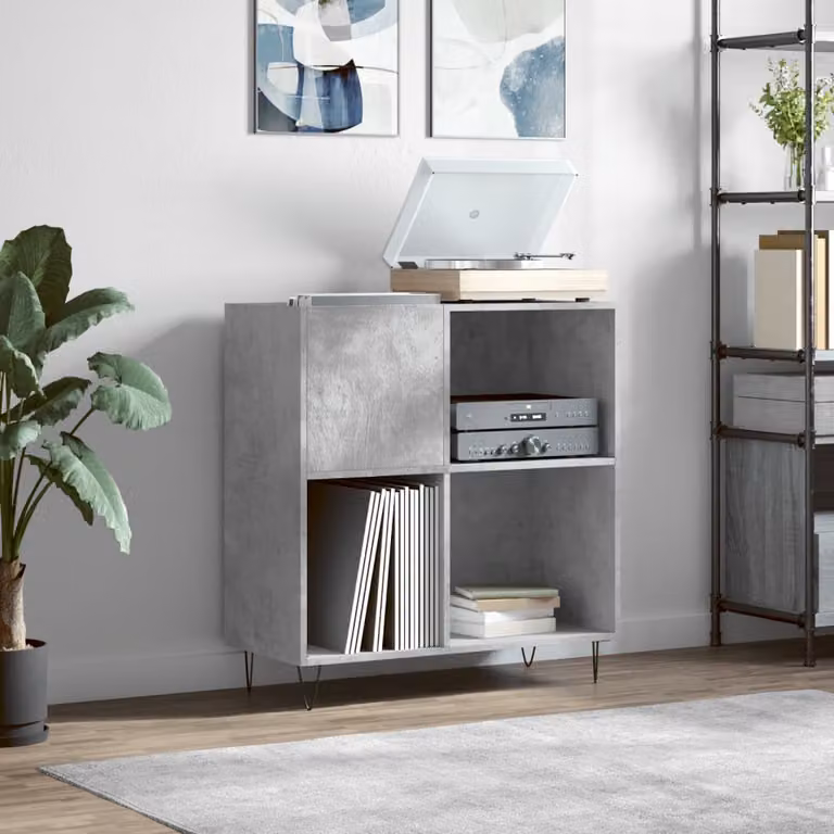 vidaXL Mobile Porta Dischi Grigio Cemento in Legno e Metallo L: 84,5 cm, P: 38 cm, H: 89 cm