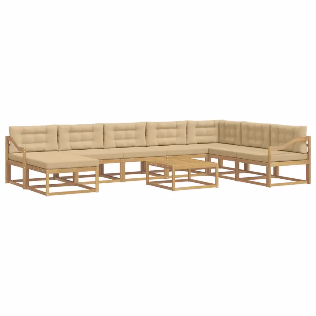 Set di divani da esterno a forma di U vidaXL in legno di acacia con tavolino e pouf, Bianco e Beige – 2